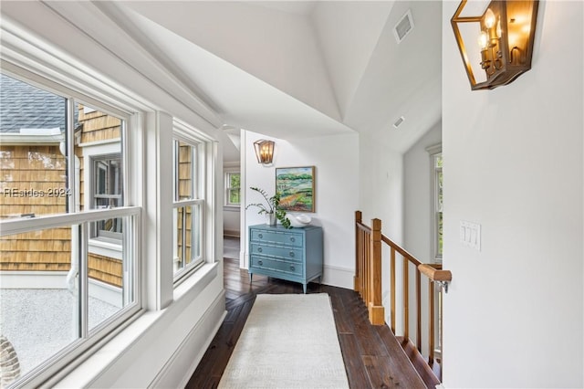 hall featuring vaulted ceiling, dark hardwood / wood-style floors, and plenty of natural light