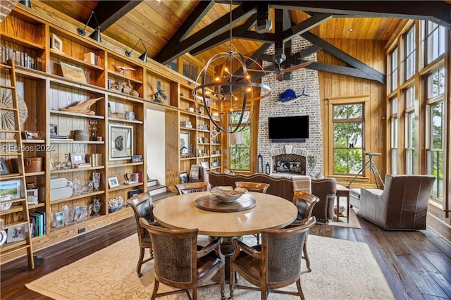 dining area featuring hardwood / wood-style flooring, high vaulted ceiling, a fireplace, a chandelier, and wood walls