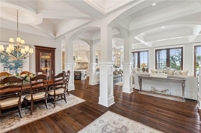 dining space with coffered ceiling, dark hardwood / wood-style flooring, french doors, and beamed ceiling