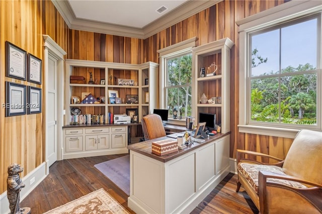 office with crown molding and dark wood-type flooring