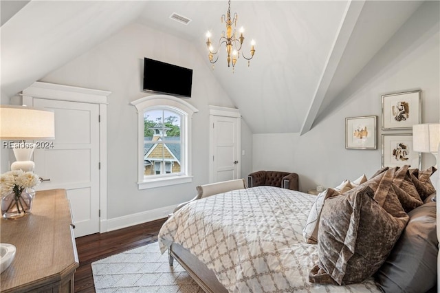 bedroom featuring lofted ceiling, dark hardwood / wood-style floors, and a notable chandelier