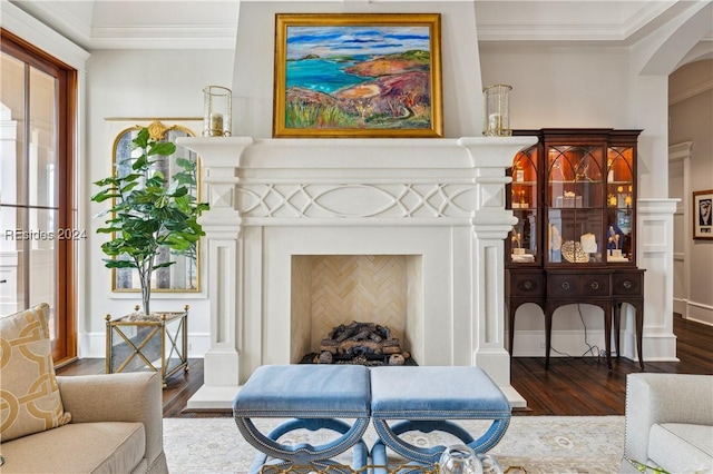 living room with crown molding and dark wood-type flooring