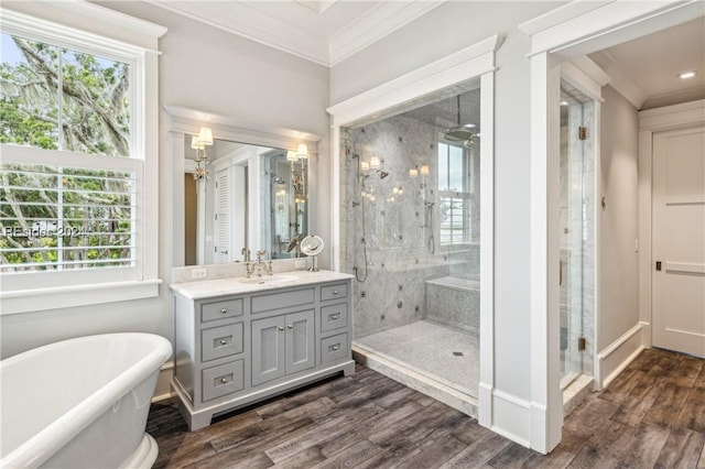 bathroom featuring hardwood / wood-style flooring, plus walk in shower, ornamental molding, and vanity