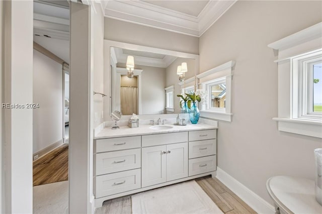 bathroom featuring vanity, crown molding, and toilet