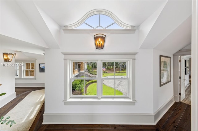 interior space with lofted ceiling and dark wood-type flooring