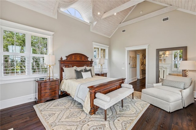 bedroom featuring dark wood-type flooring, wood ceiling, and high vaulted ceiling