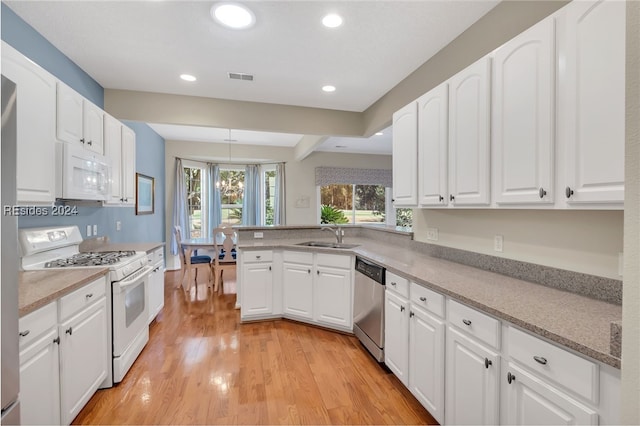 kitchen with sink, light wood-type flooring, white cabinets, kitchen peninsula, and white appliances