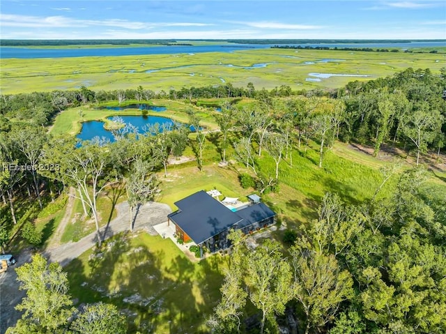 bird's eye view featuring a water view and a rural view