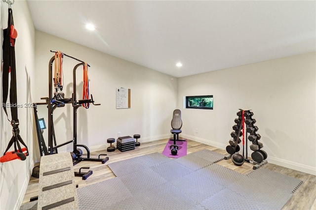 workout room featuring light hardwood / wood-style floors