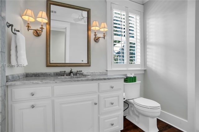 bathroom with vanity, plenty of natural light, wood-type flooring, and toilet