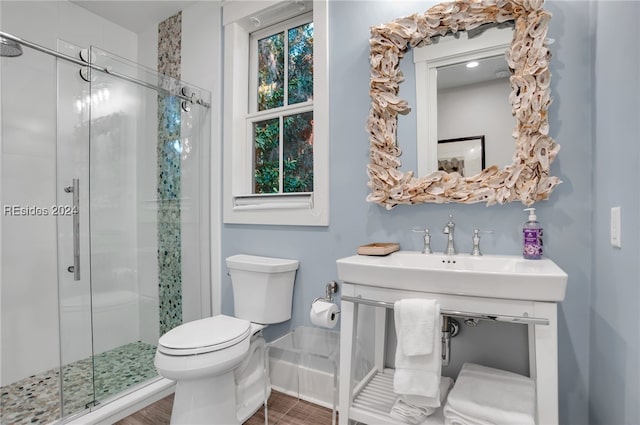 bathroom featuring sink, toilet, and a shower with door