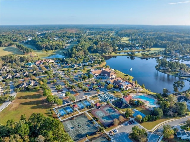 drone / aerial view featuring a water view