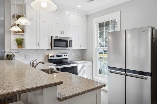 kitchen featuring pendant lighting, white cabinetry, sink, kitchen peninsula, and stainless steel appliances