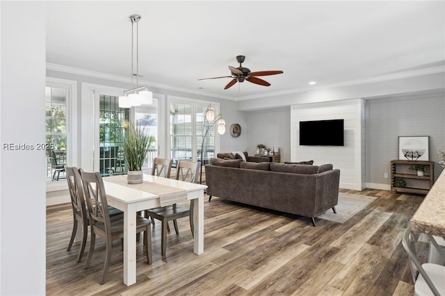 dining room with wood-type flooring, ornamental molding, and ceiling fan