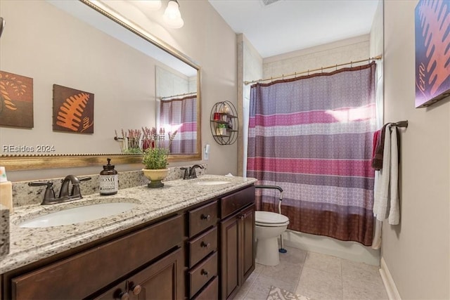 full bathroom featuring tile patterned flooring, vanity, shower / tub combo, and toilet