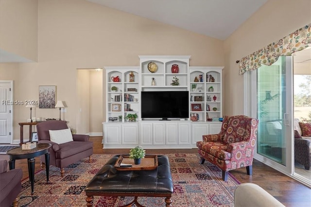 living room with wood-type flooring and high vaulted ceiling