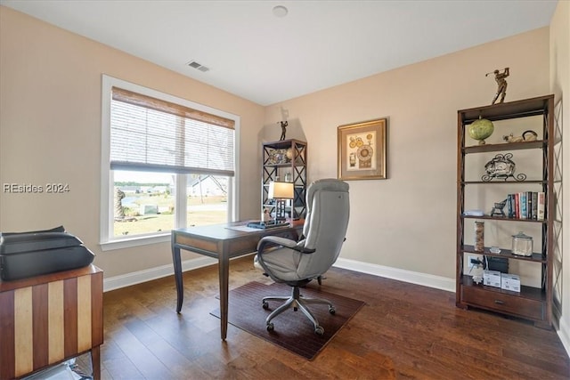 home office featuring dark wood-type flooring