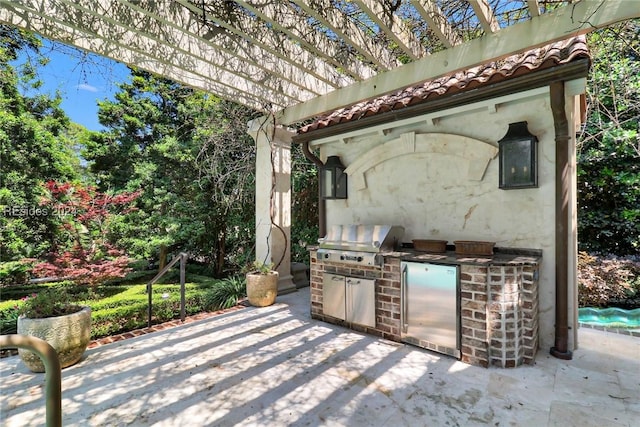 view of patio with area for grilling, a pergola, and grilling area