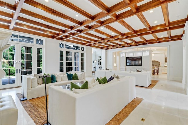 tiled living room featuring french doors, coffered ceiling, and beam ceiling