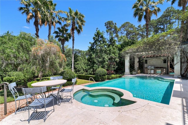 view of swimming pool featuring an in ground hot tub, area for grilling, a gazebo, and a patio area