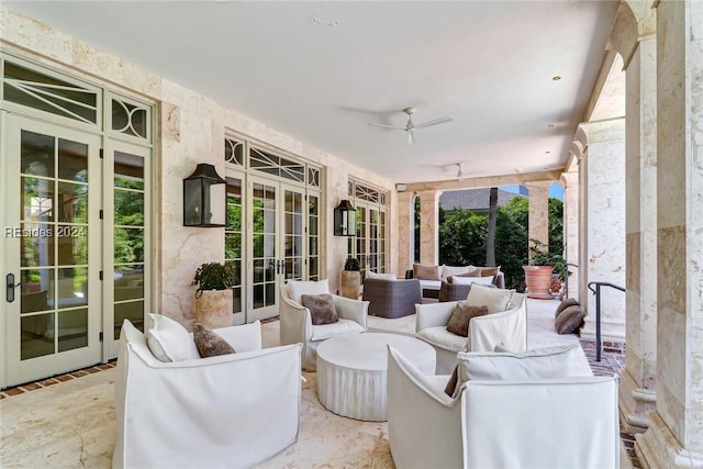 exterior space with an outdoor hangout area, ceiling fan, and french doors