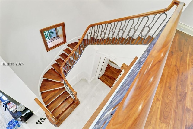 staircase with hardwood / wood-style floors