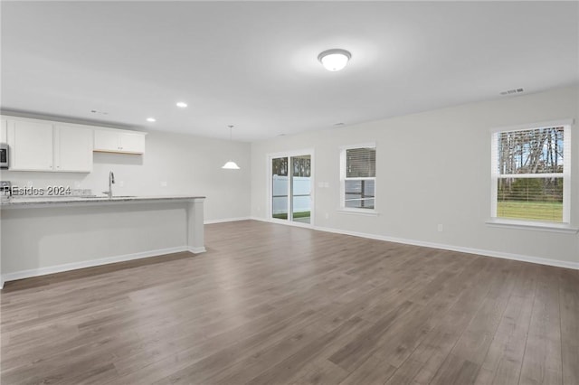 unfurnished living room with wood-type flooring and sink