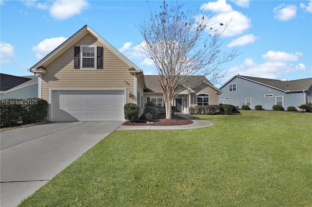 view of property featuring a garage and a front yard