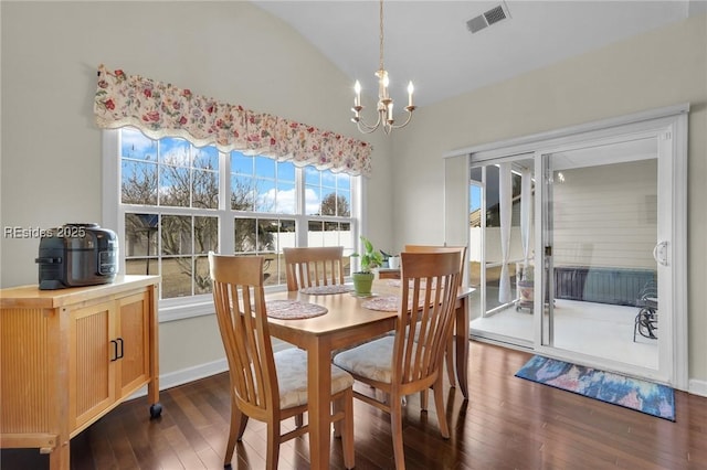 dining room featuring dark hardwood / wood-style flooring, a wealth of natural light, and vaulted ceiling