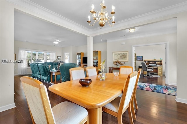 dining room featuring crown molding, ceiling fan, and dark hardwood / wood-style floors