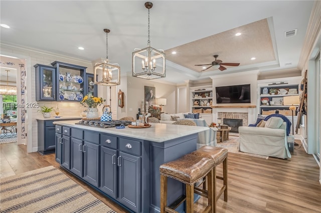 kitchen with a tray ceiling, light hardwood / wood-style floors, a center island, and blue cabinets