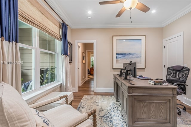 home office with crown molding, ceiling fan, and wood-type flooring