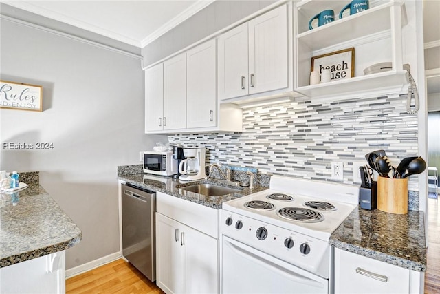 kitchen with white cabinetry, sink, stainless steel dishwasher, and white electric range oven