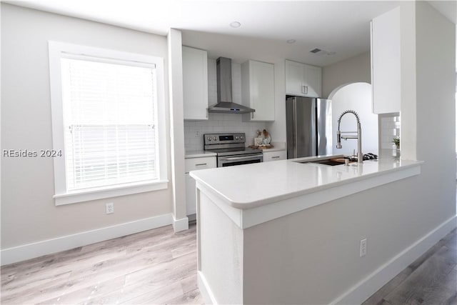 kitchen with wall chimney range hood, appliances with stainless steel finishes, white cabinetry, decorative backsplash, and kitchen peninsula