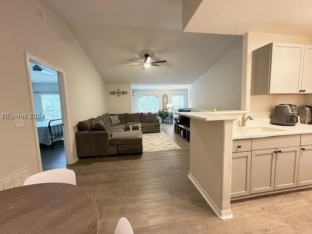 living room featuring sink, vaulted ceiling, ceiling fan, and light wood-type flooring