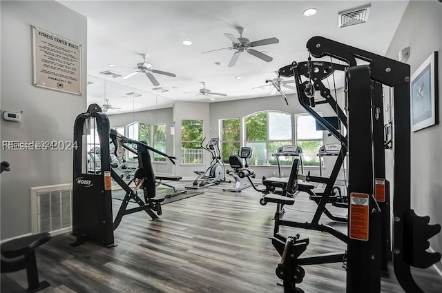 workout area featuring hardwood / wood-style flooring