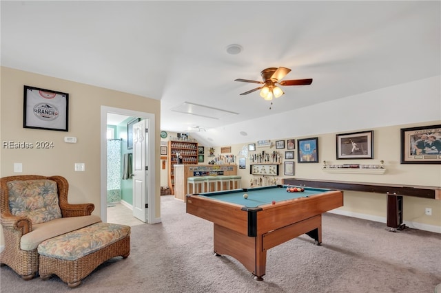 game room with pool table, bar, light carpet, and lofted ceiling