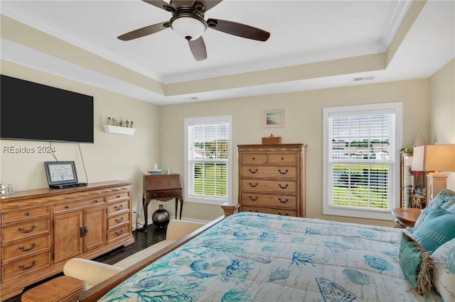 bedroom featuring ceiling fan, ornamental molding, a raised ceiling, and multiple windows