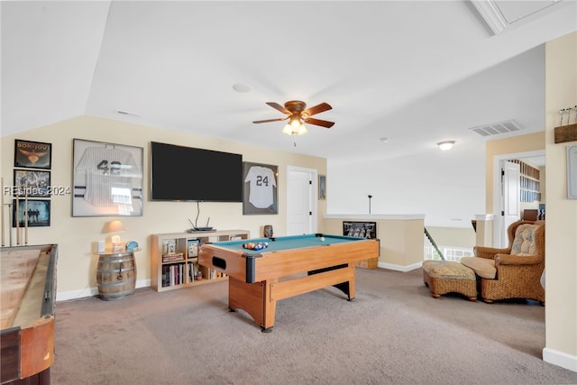 playroom with ceiling fan, light colored carpet, vaulted ceiling, and billiards