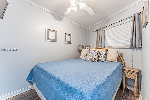 bedroom featuring crown molding, ceiling fan, and dark hardwood / wood-style flooring