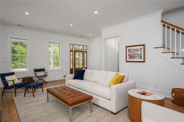 living room featuring crown molding and light hardwood / wood-style floors