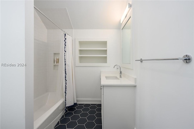 bathroom with vanity and shower / bathtub combination with curtain