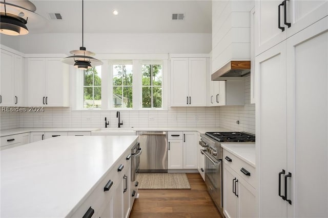 kitchen with white cabinetry, stainless steel appliances, sink, and hanging light fixtures