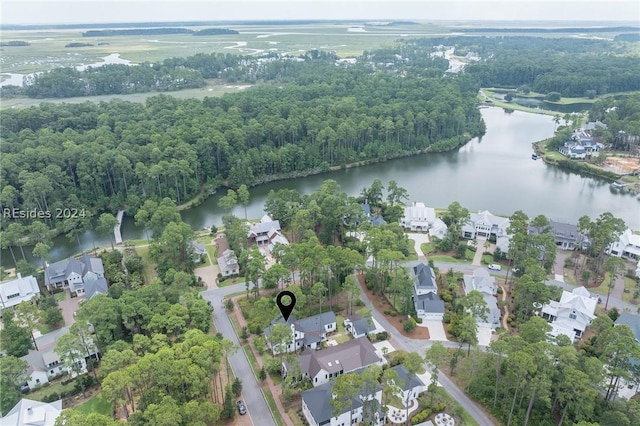 aerial view featuring a water view