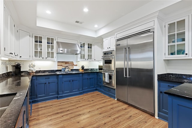 kitchen with blue cabinetry, light hardwood / wood-style flooring, appliances with stainless steel finishes, range hood, and white cabinets