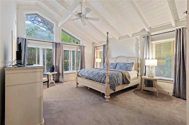 bedroom featuring beamed ceiling, high vaulted ceiling, ceiling fan, and carpet flooring