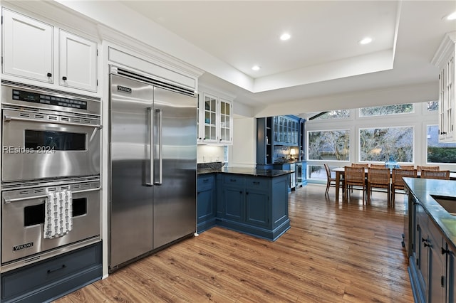 kitchen featuring a tray ceiling, wood-type flooring, white cabinets, and appliances with stainless steel finishes