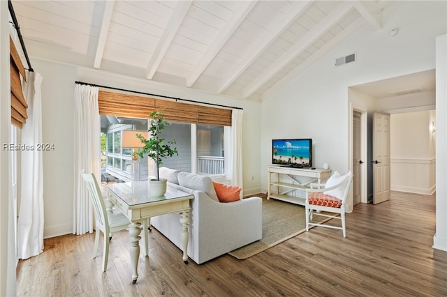 living room with beam ceiling, wood ceiling, hardwood / wood-style flooring, and high vaulted ceiling