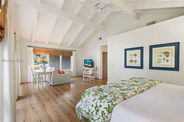 bedroom with high vaulted ceiling, ceiling fan, wooden ceiling, beam ceiling, and light hardwood / wood-style flooring