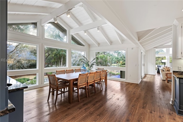 sunroom featuring track lighting and lofted ceiling with beams